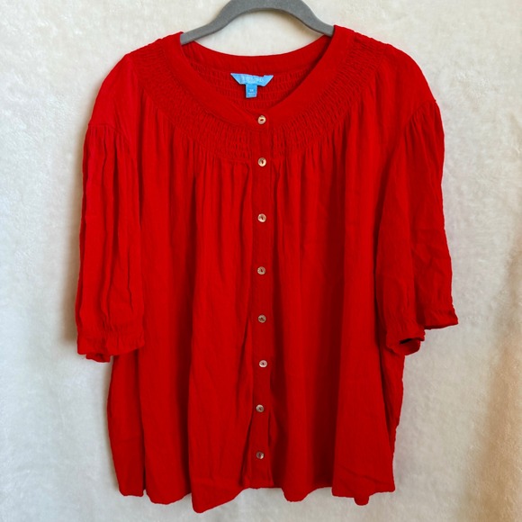 Draper James Tops - Draper James RSVP Red Smocked Yoke Flutter Sleeve Blouse Womens Plus Size 3X